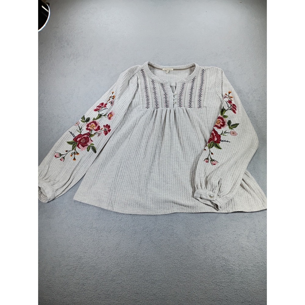 Kate & Sam Women Waffle Knit Top Gray Large Floral Embroidered Henley